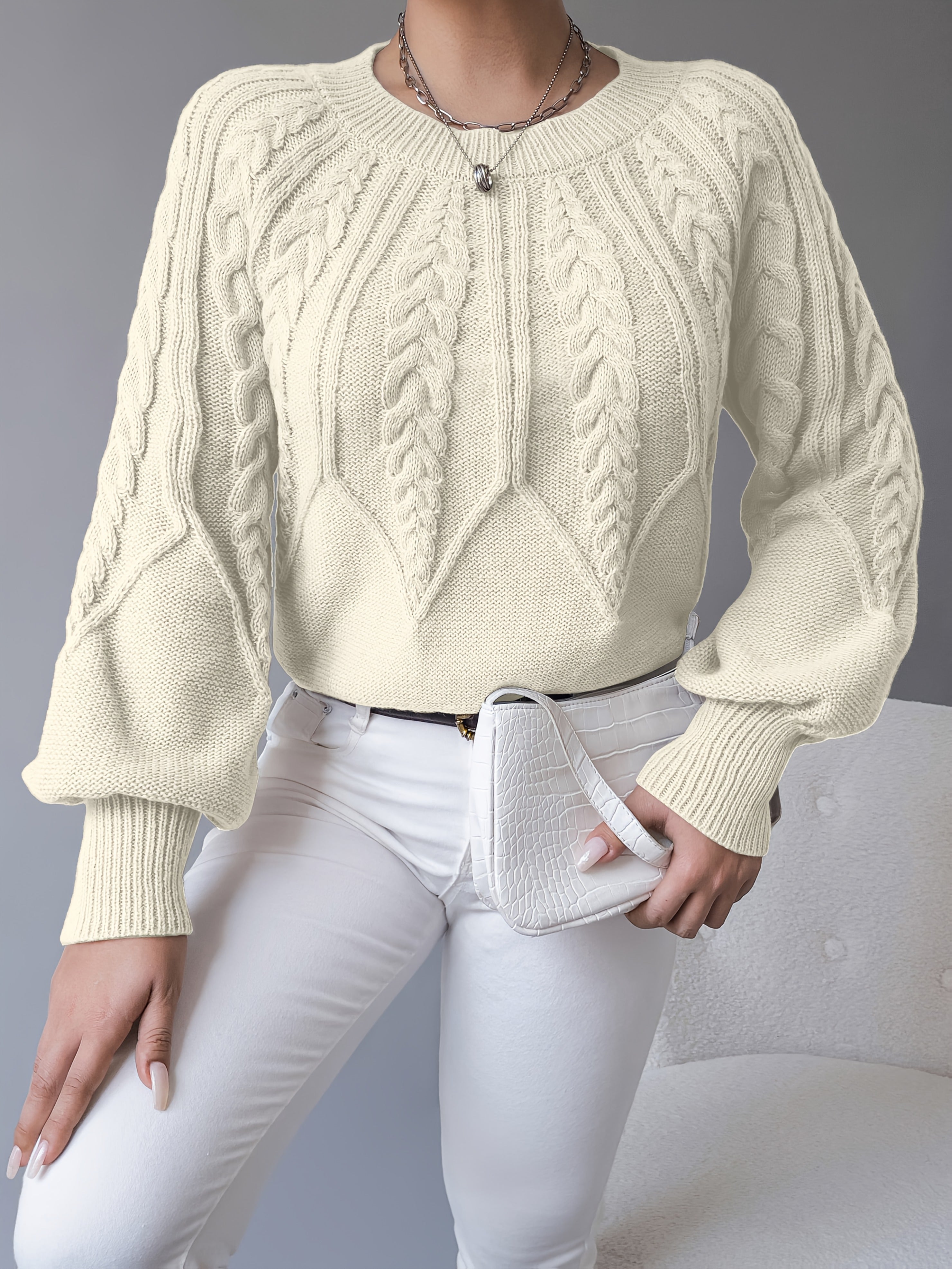Amanda | Elegant Cable-Knit Balloon-Sleeve Sweater - Solfae