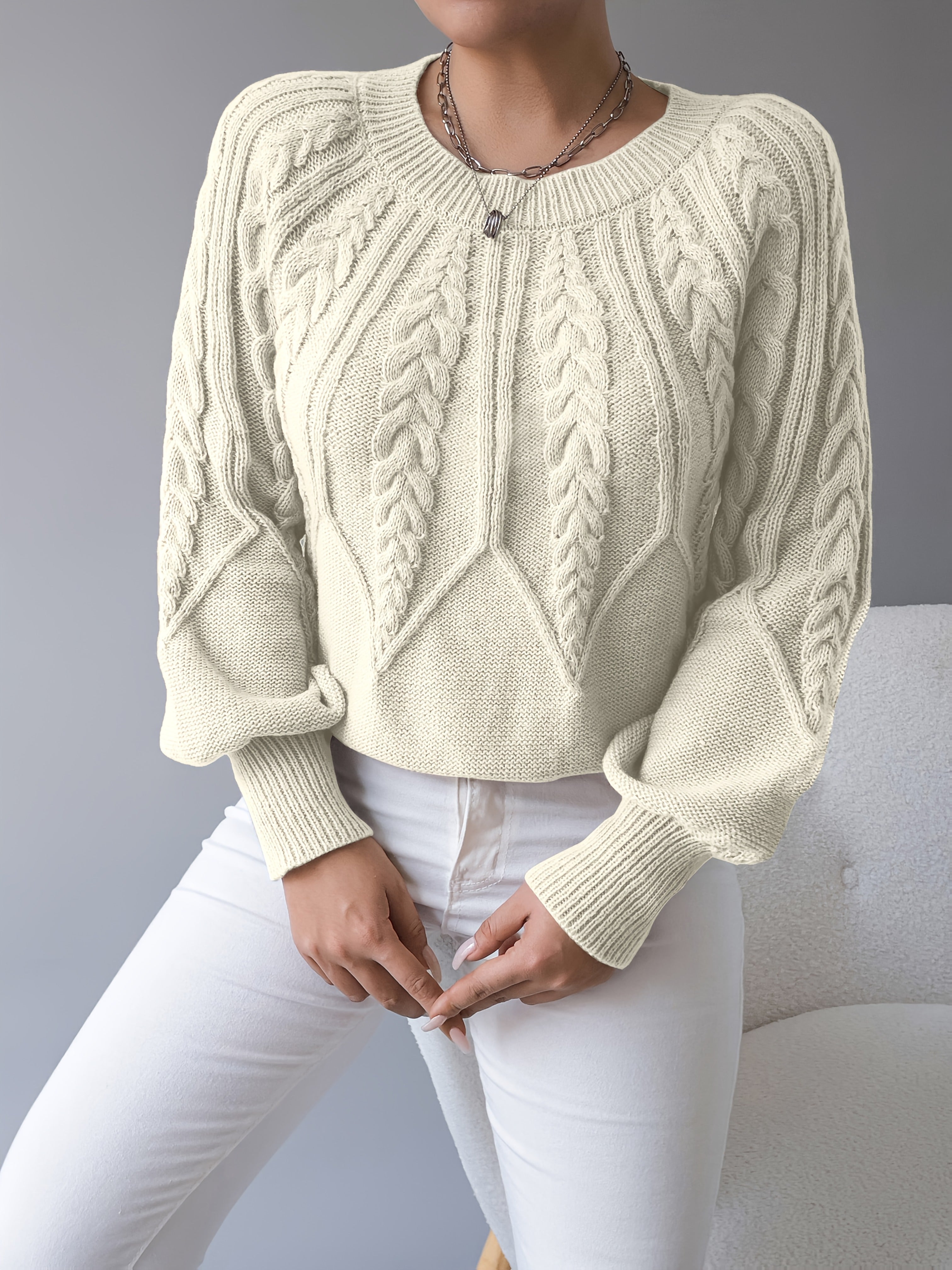 Amanda | Elegant Cable-Knit Balloon-Sleeve Sweater - Solfae