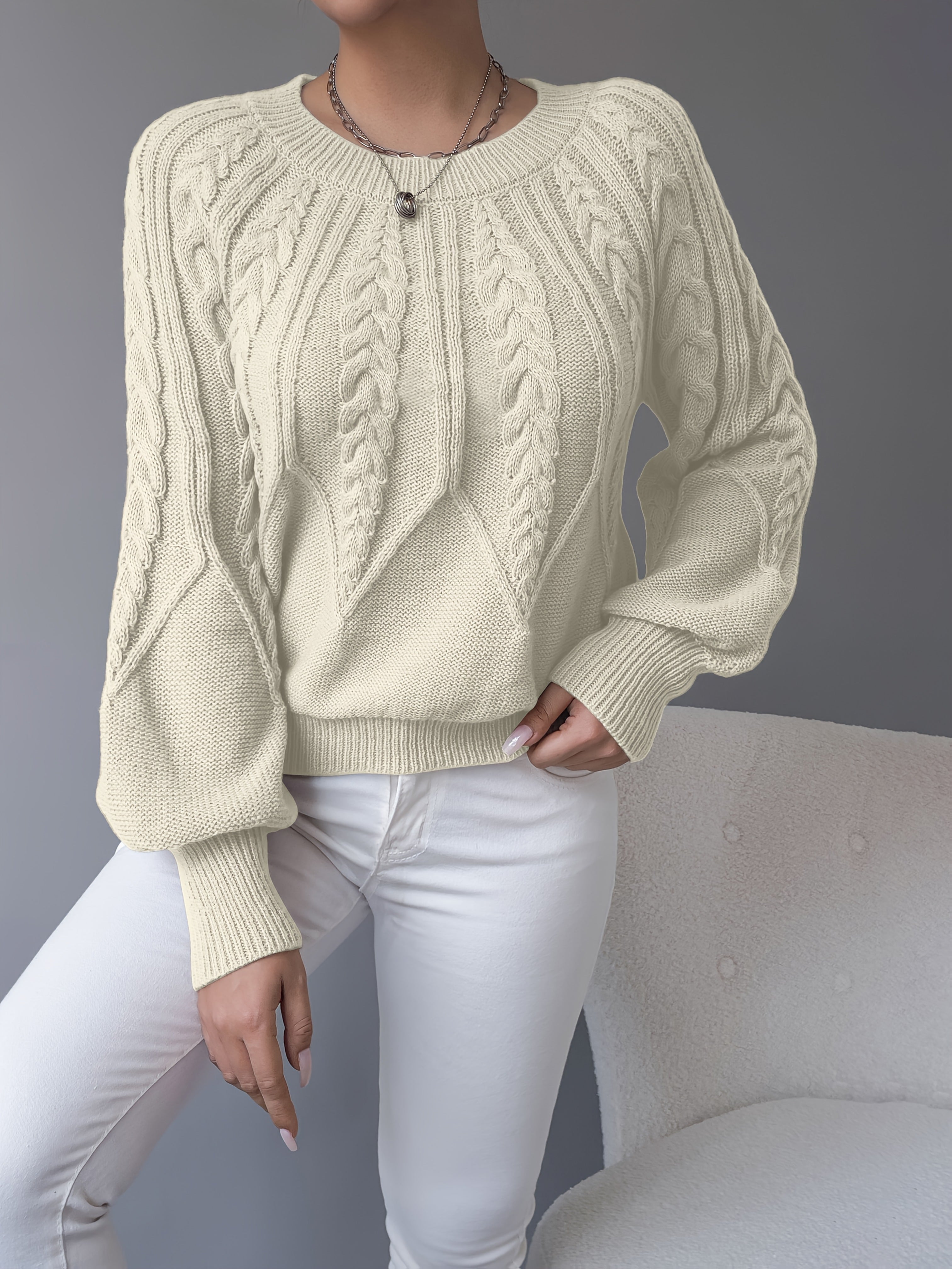 Amanda | Elegant Cable-Knit Balloon-Sleeve Sweater - Solfae