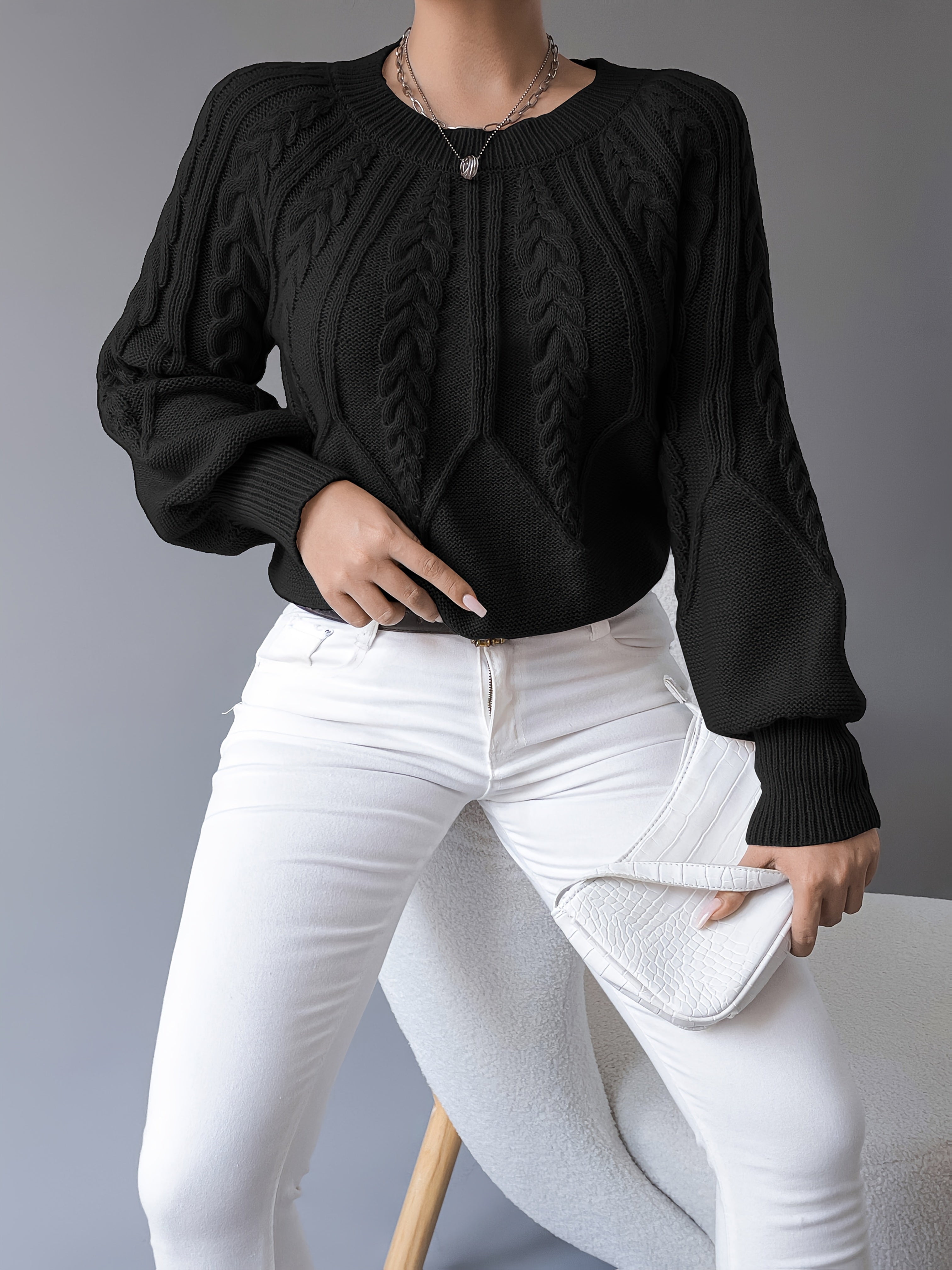 Amanda | Elegant Cable-Knit Balloon-Sleeve Sweater - Solfae