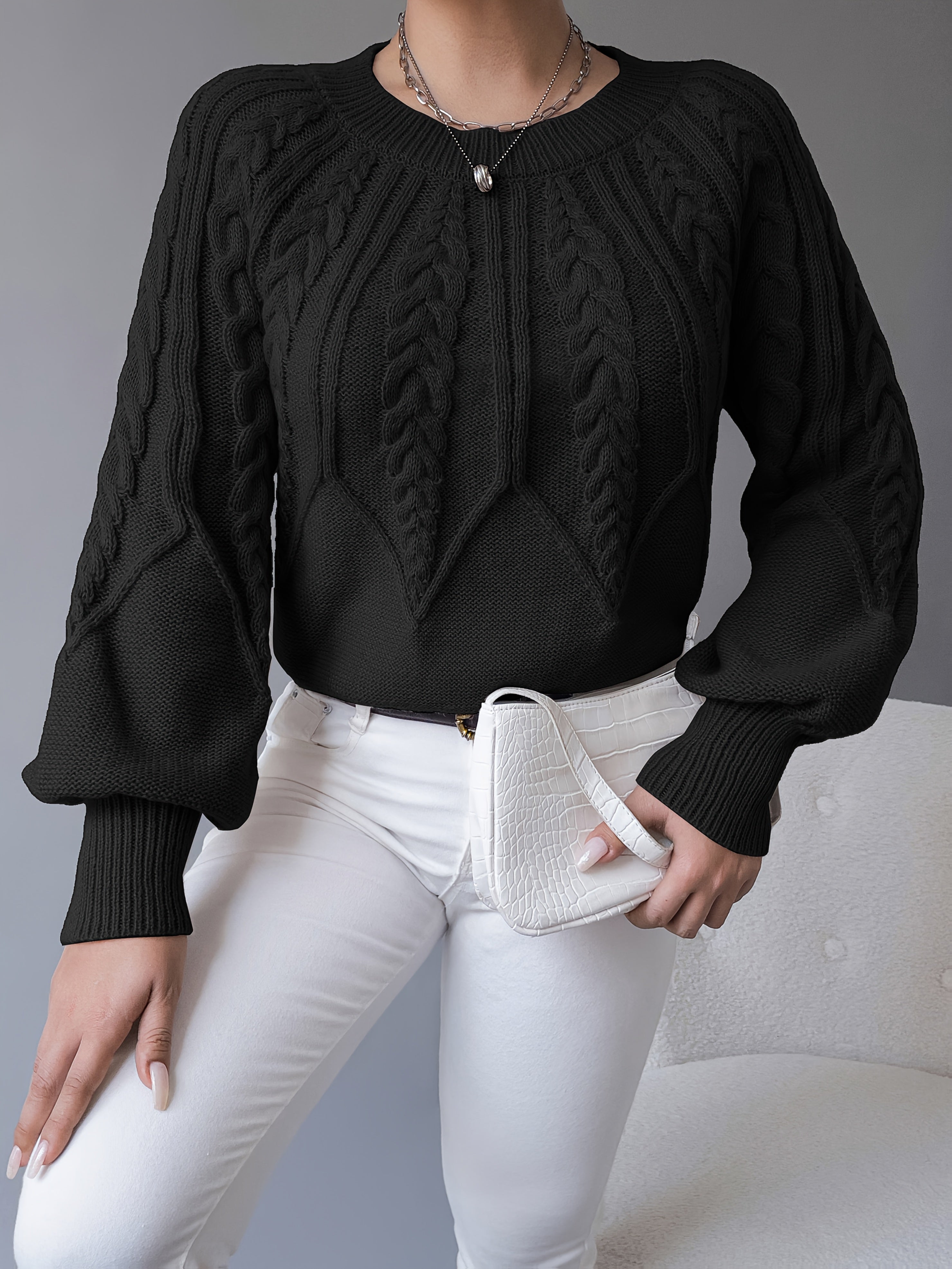 Amanda | Elegant Cable-Knit Balloon-Sleeve Sweater - Solfae