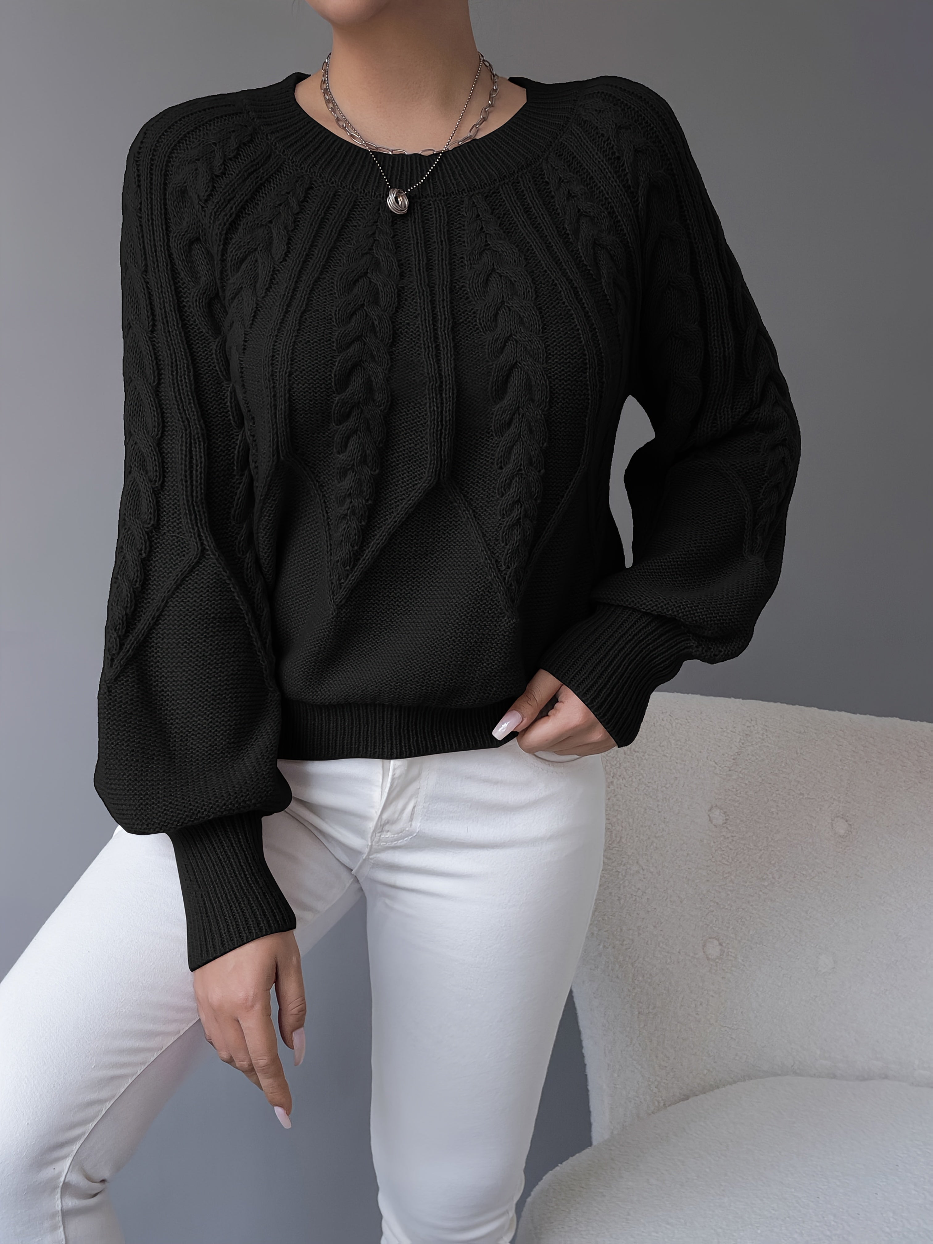 Amanda | Elegant Cable-Knit Balloon-Sleeve Sweater - Solfae