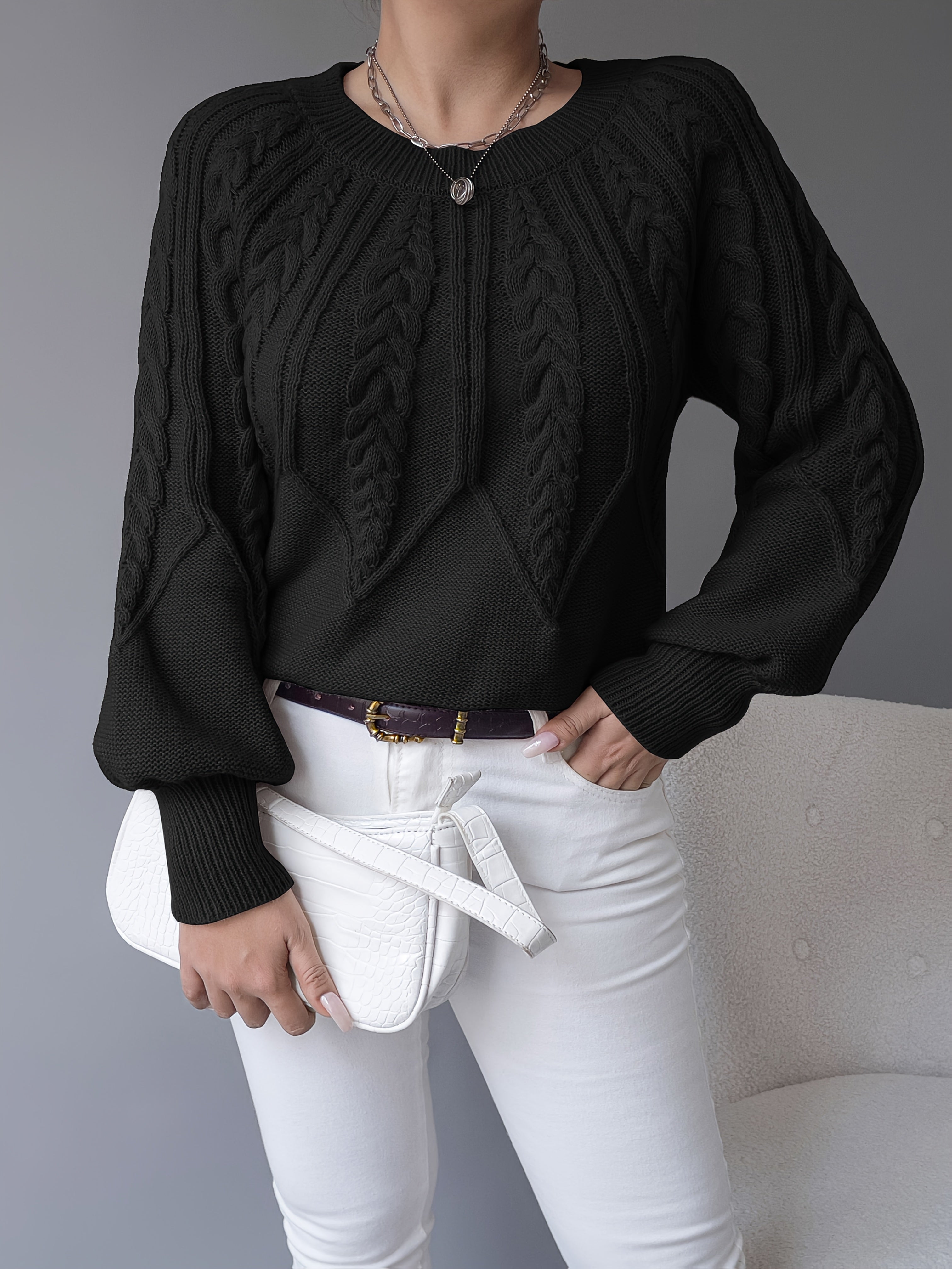 Amanda | Elegant Cable-Knit Balloon-Sleeve Sweater - Solfae