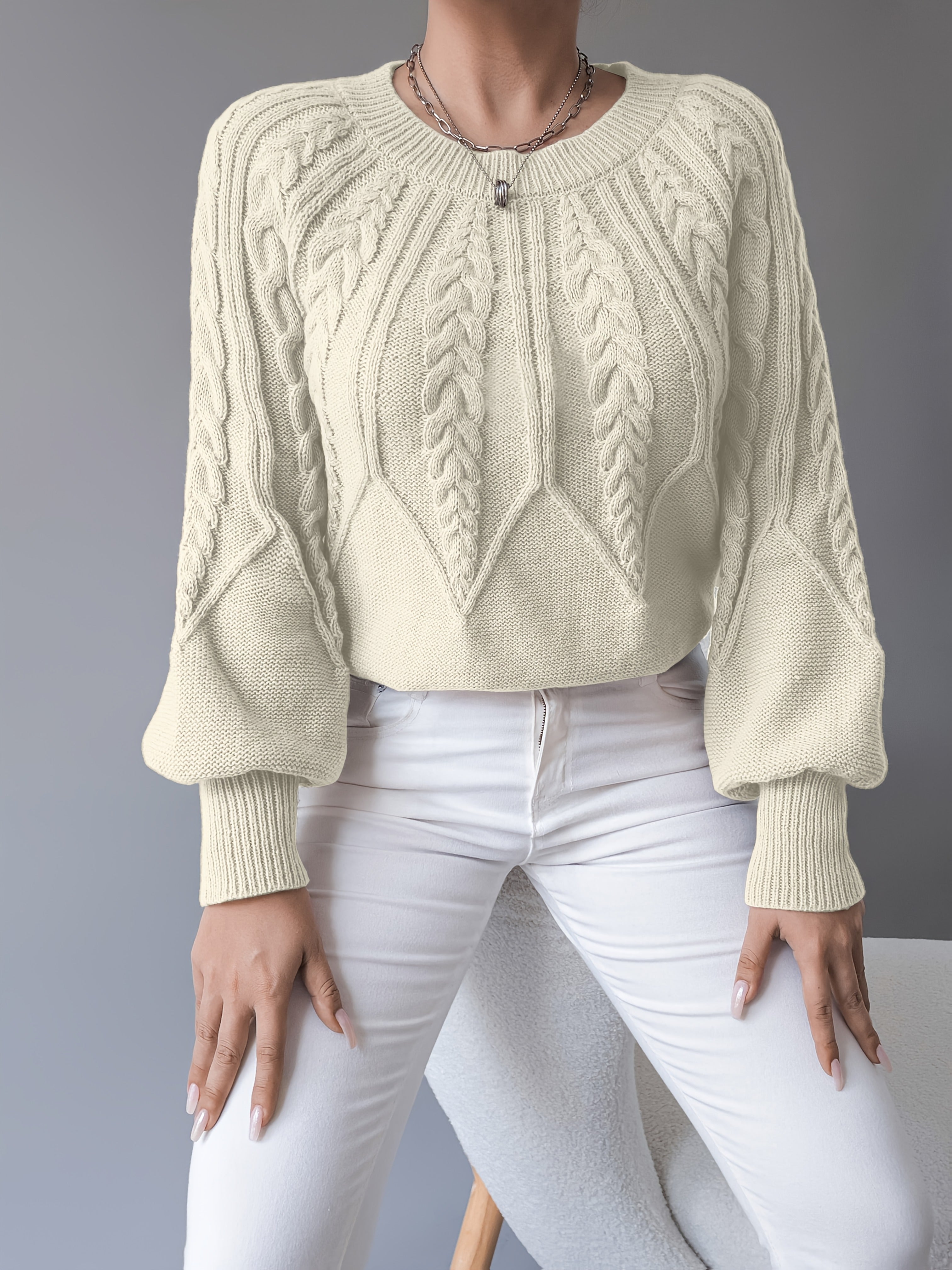Amanda | Elegant Cable-Knit Balloon-Sleeve Sweater - Solfae