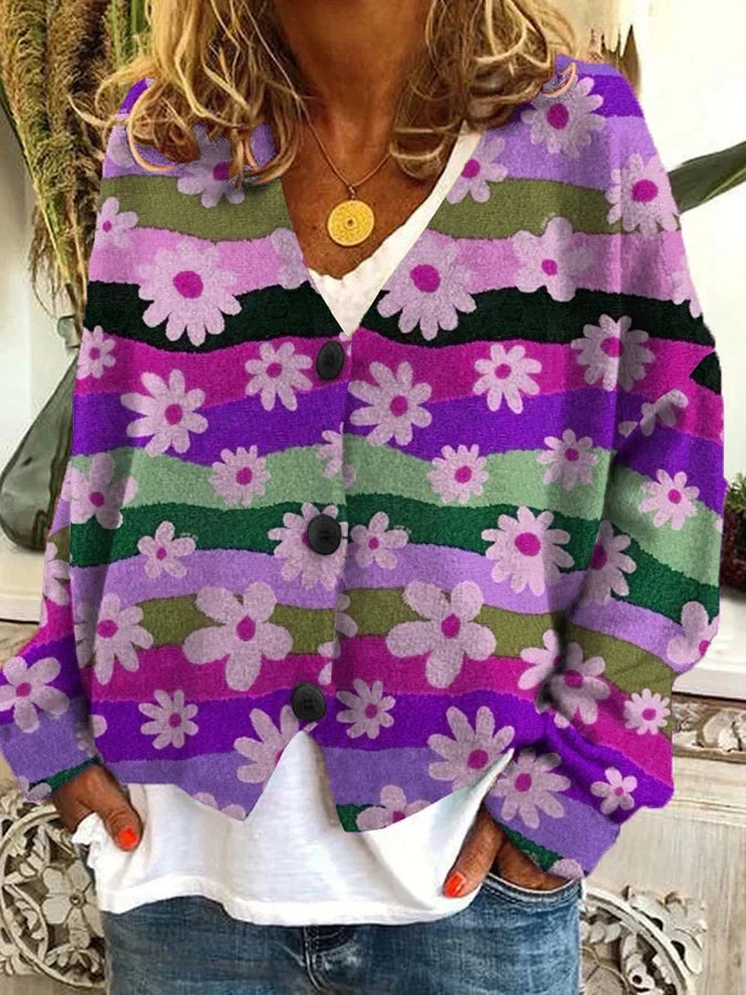 Amber | Vintage Floral Striped Cardigan - Solfae