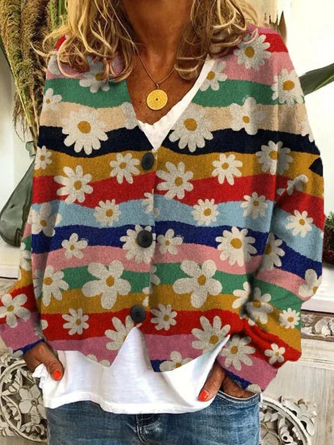 Amber | Vintage Floral Striped Cardigan - Solfae