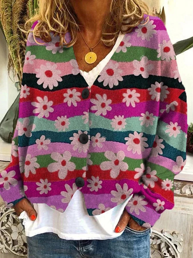 Amber | Vintage Floral Striped Cardigan - Solfae