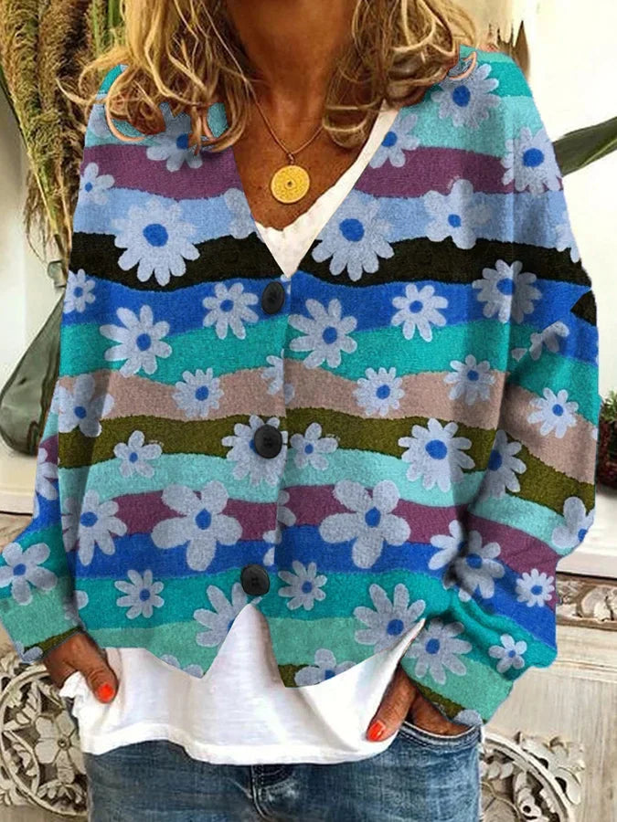 Amber | Vintage Floral Striped Cardigan - Solfae