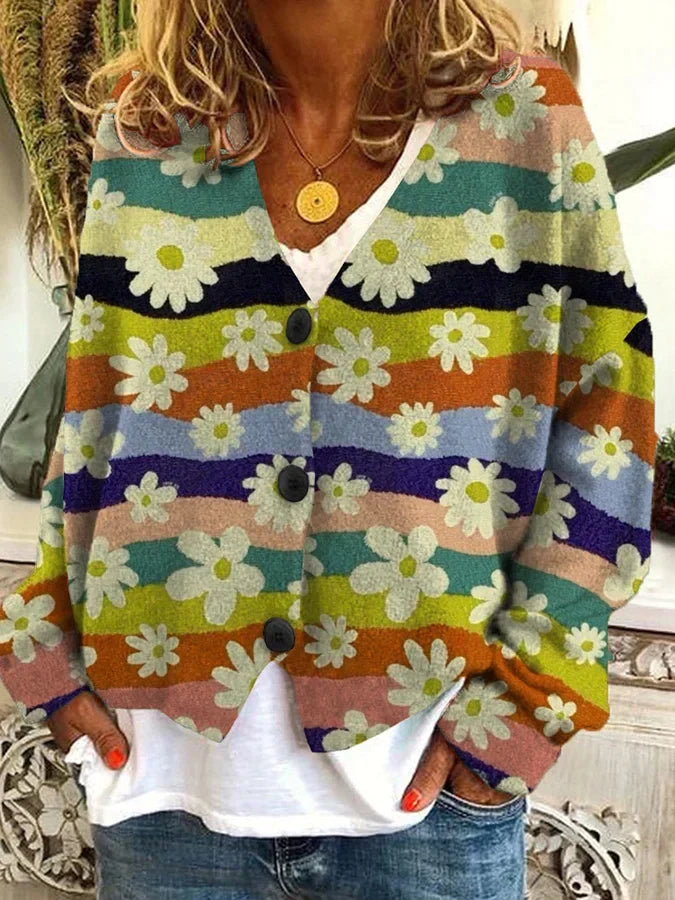 Amber | Vintage Floral Striped Cardigan - Solfae