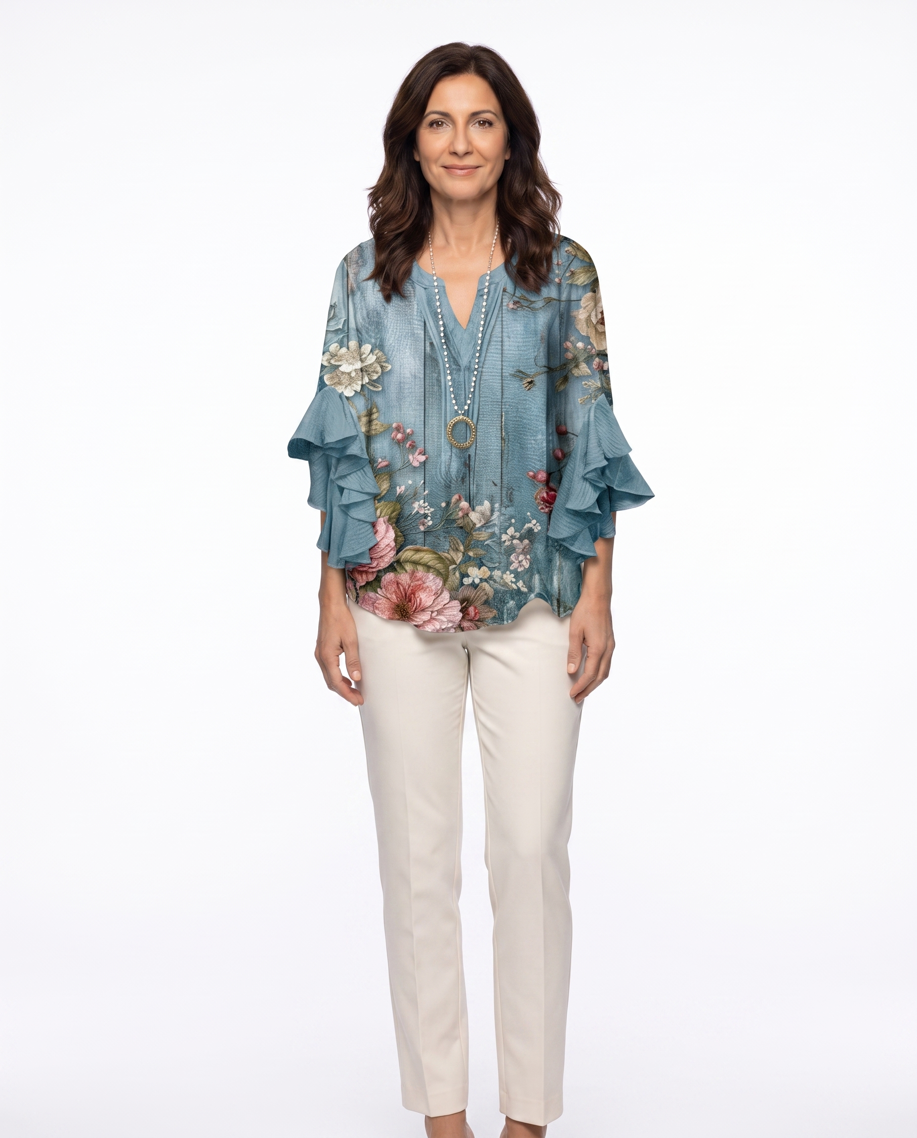 Rebecca | Feminine Floral Ruffle-Sleeve Blouse - Solfae