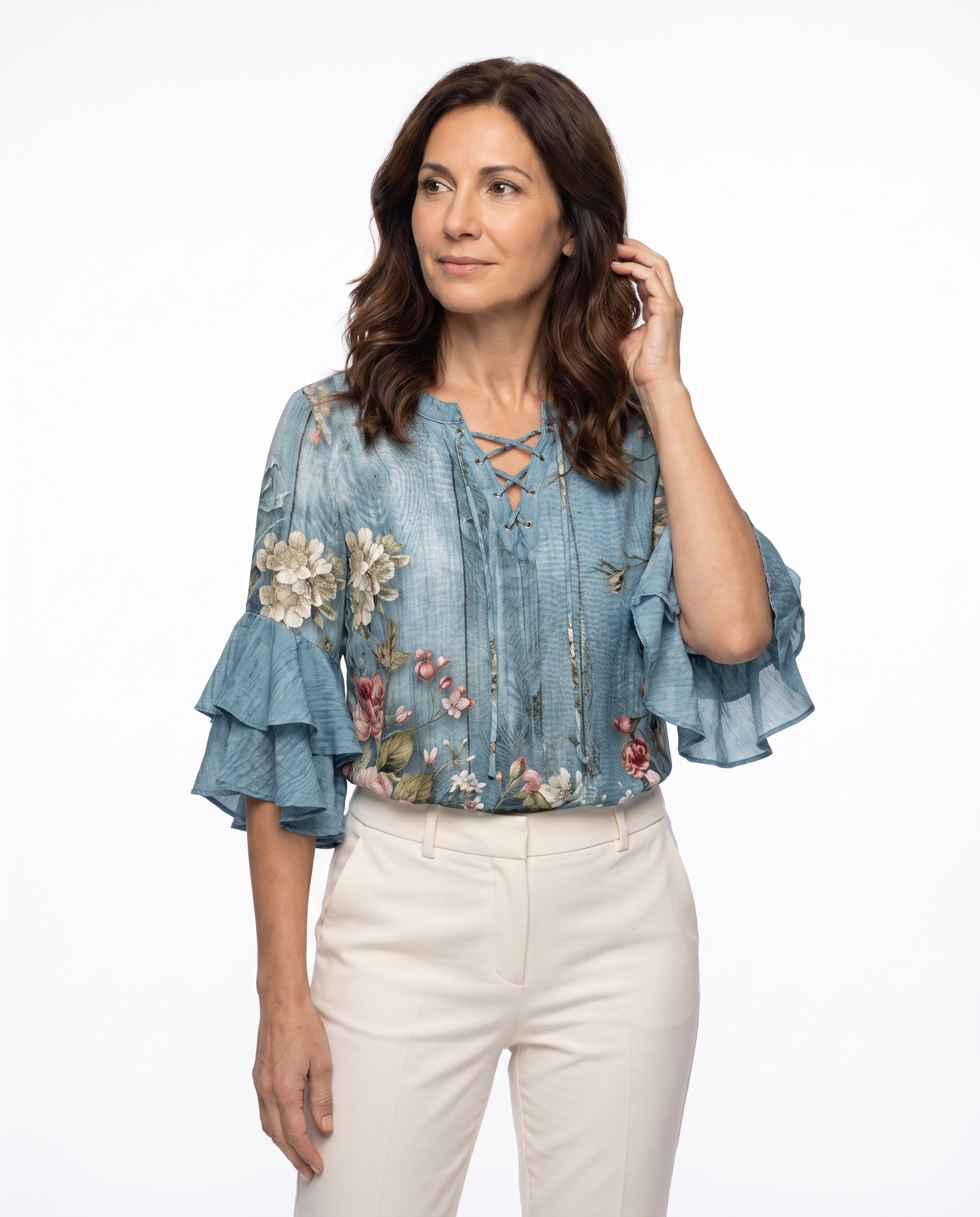 Rebecca | Feminine Floral Ruffle-Sleeve Blouse - Solfae