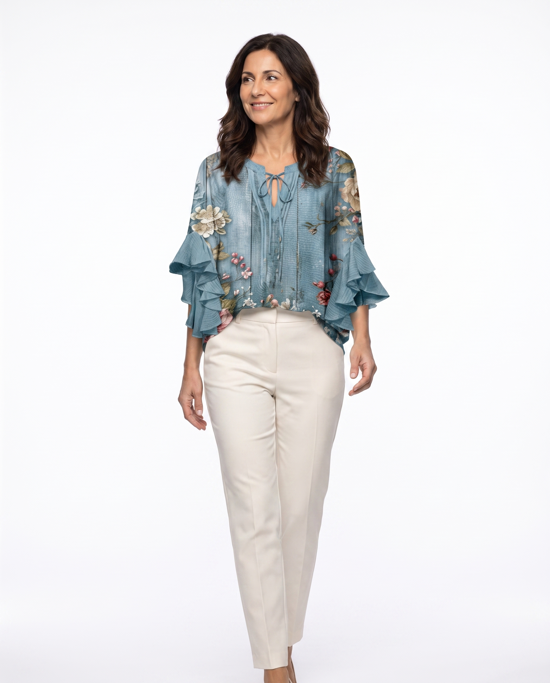 Rebecca | Feminine Floral Ruffle-Sleeve Blouse - Solfae